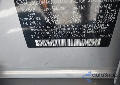 2021 Hyundai Santa Fe Se из США, поврежденный, VIN 5NMS1DAJ1MH326934